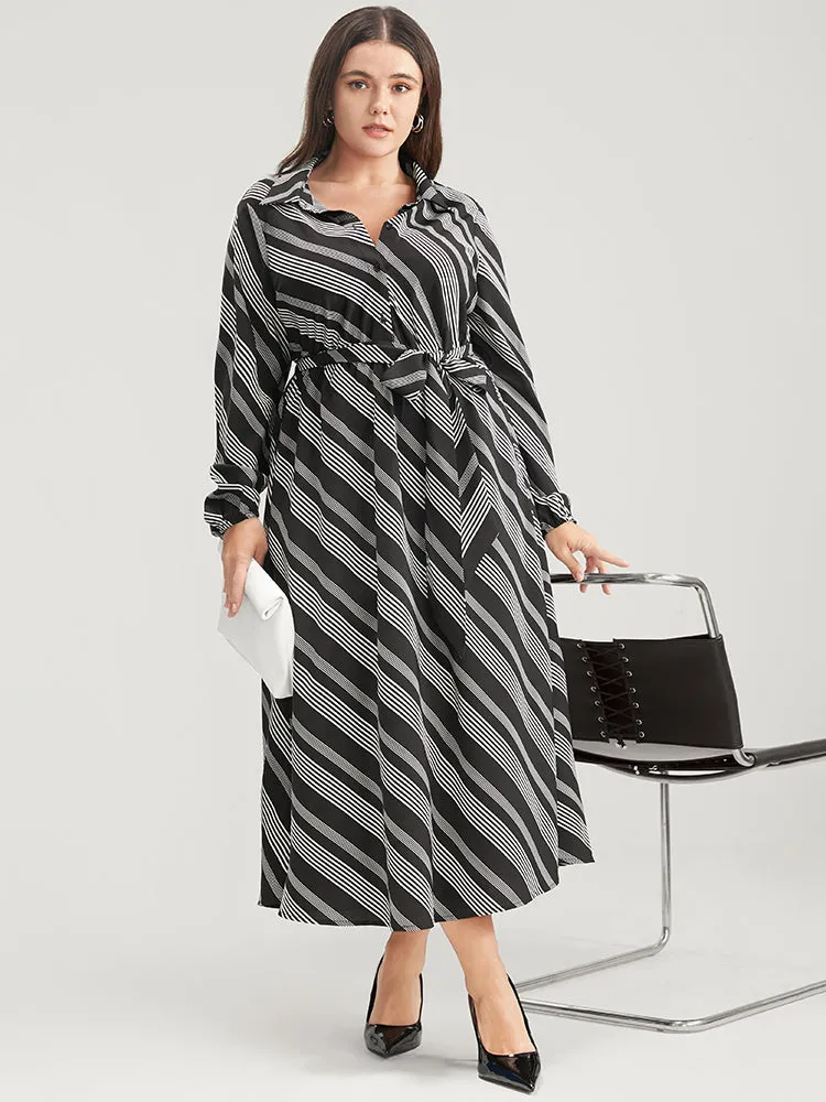 Striped Lantern Sleeve Pocket Belted Lapel Collar Dress sold by Bloomchic product image thumbnail 3