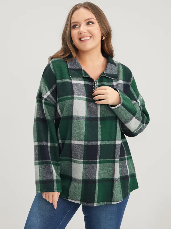 Plaid Drop Shoulder O Ring Zip Sweatshirt sold by Bloomchic
