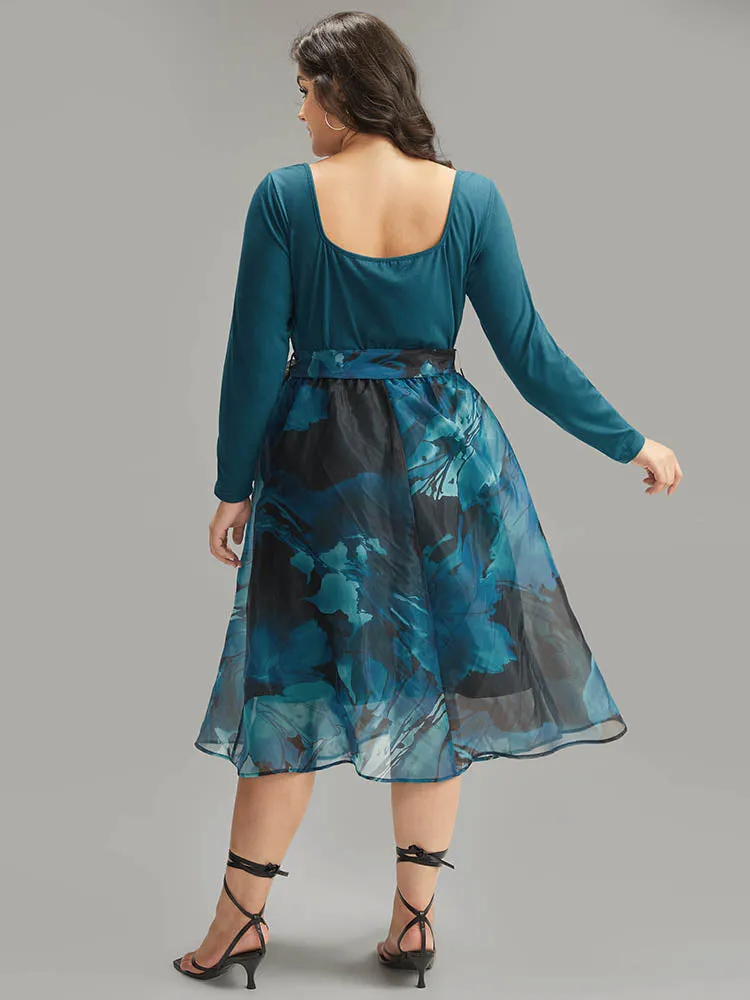 Floral Square Neck Mesh Patchwork Belted Ruched Dress sold by Bloomchic product image thumbnail 4