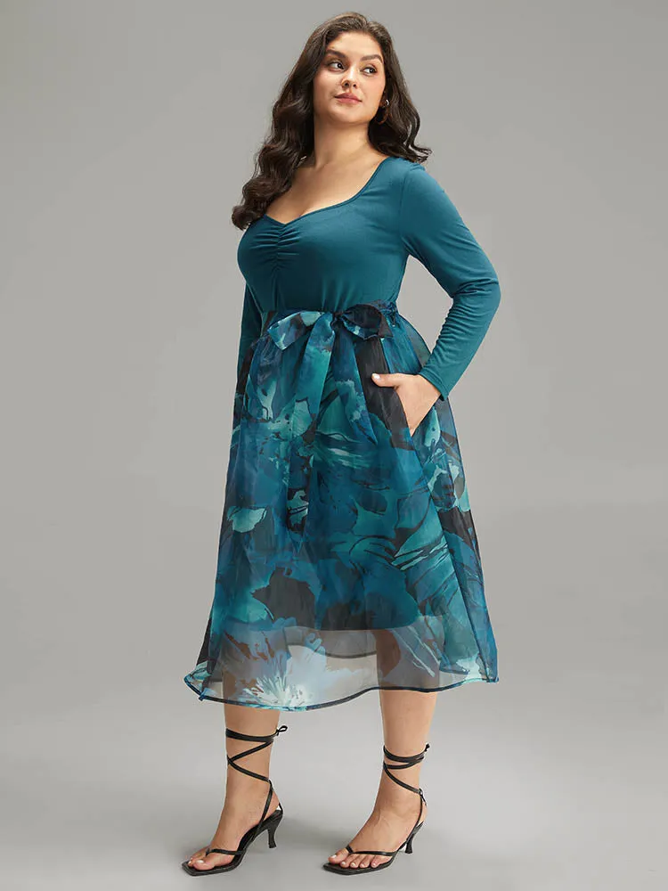 Floral Square Neck Mesh Patchwork Belted Ruched Dress sold by Bloomchic product image thumbnail 2