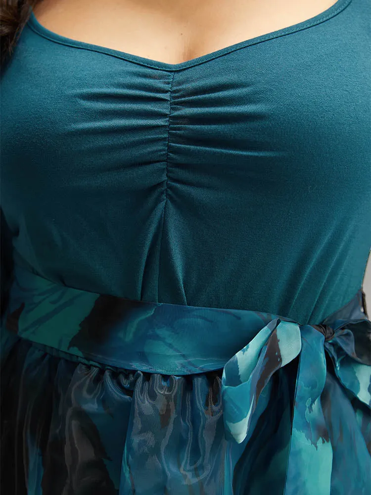 Floral Square Neck Mesh Patchwork Belted Ruched Dress sold by Bloomchic product image thumbnail 5