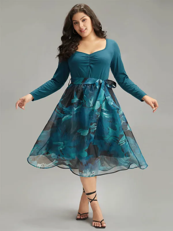 Floral Square Neck Mesh Patchwork Belted Ruched Dress sold by Bloomchic