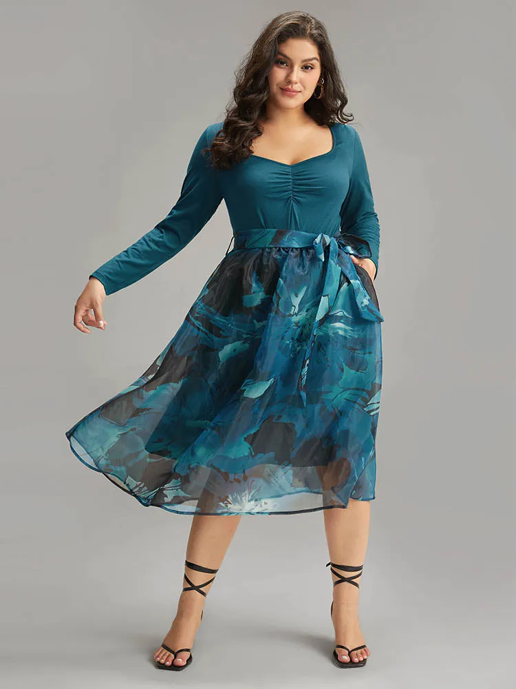 Floral Square Neck Mesh Patchwork Belted Ruched Dress sold by Bloomchic product image thumbnail 3