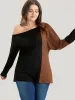 Colorblock Contrast Waffle Knit One Shoulder Long Tee sold by Bloomchic