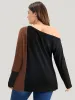 Colorblock Contrast Waffle Knit One Shoulder Long Tee sold by Bloomchic