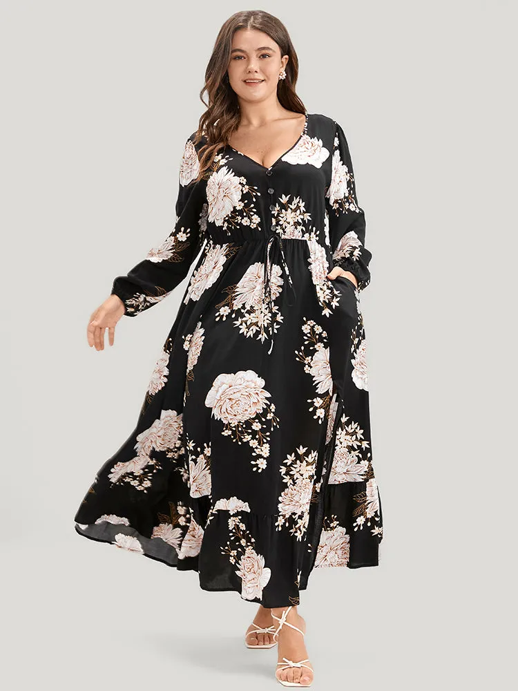 Floral Lantern Sleeve Ties Up Pocket Split Flutter Dress sold by Bloomchic