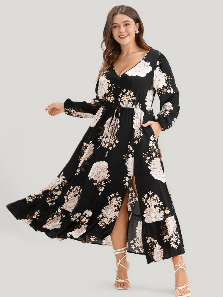 Floral Lantern Sleeve Ties Up Pocket Split Flutter Dress sold by Bloomchic product image thumbnail 2
