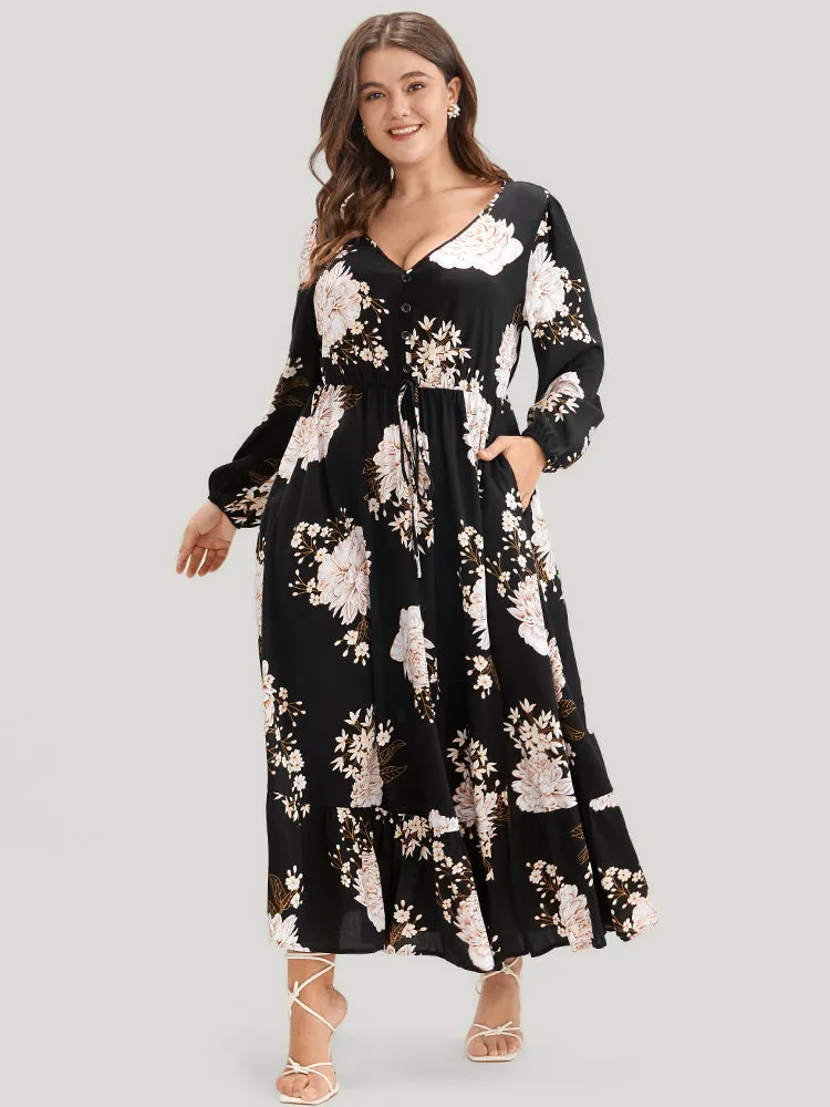 Floral Lantern Sleeve Ties Up Pocket Split Flutter Dress sold by Bloomchic product image thumbnail 3