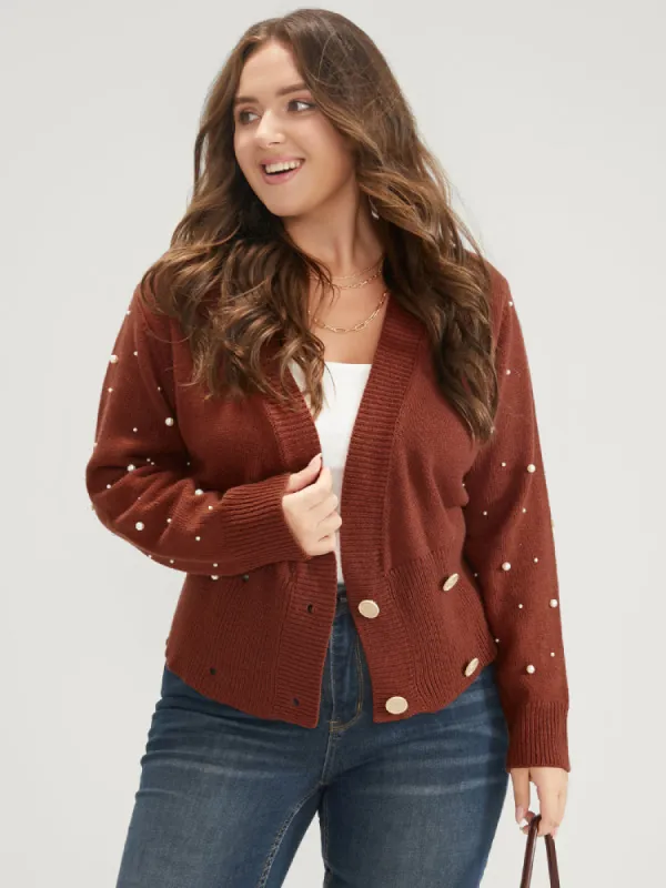 Solid Pointelle Knit Pearls Beaded Button Front Knit Top sold by Bloomchic