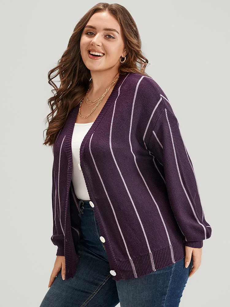 Vertical Striped Contrast Pointelle Knit Lantern Sleeve Button Front Cardigan sold by Bloomchic product image thumbnail 4