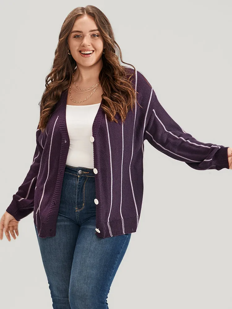 Vertical Striped Contrast Pointelle Knit Lantern Sleeve Button Front Cardigan sold by Bloomchic product image thumbnail 2