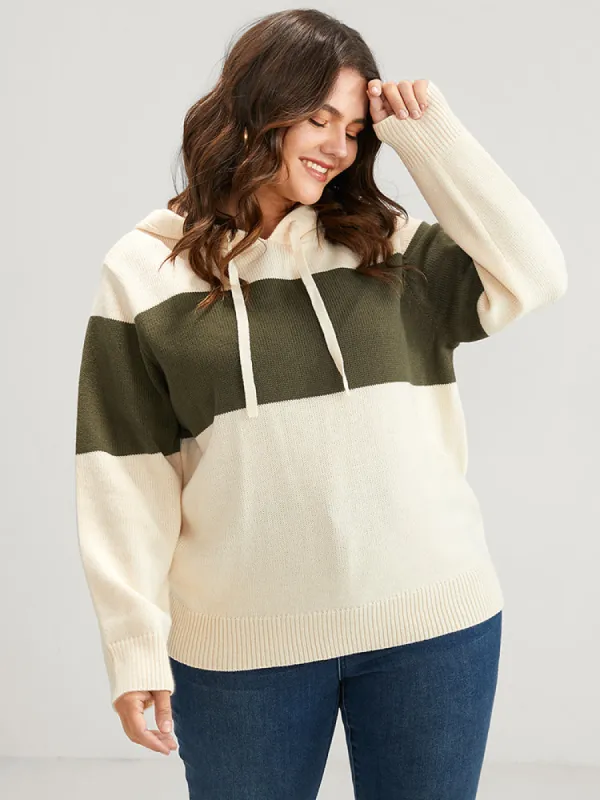 Colorblock Contrast Pointelle Knit  Drawstring Hooded Knit Top sold by Bloomchic