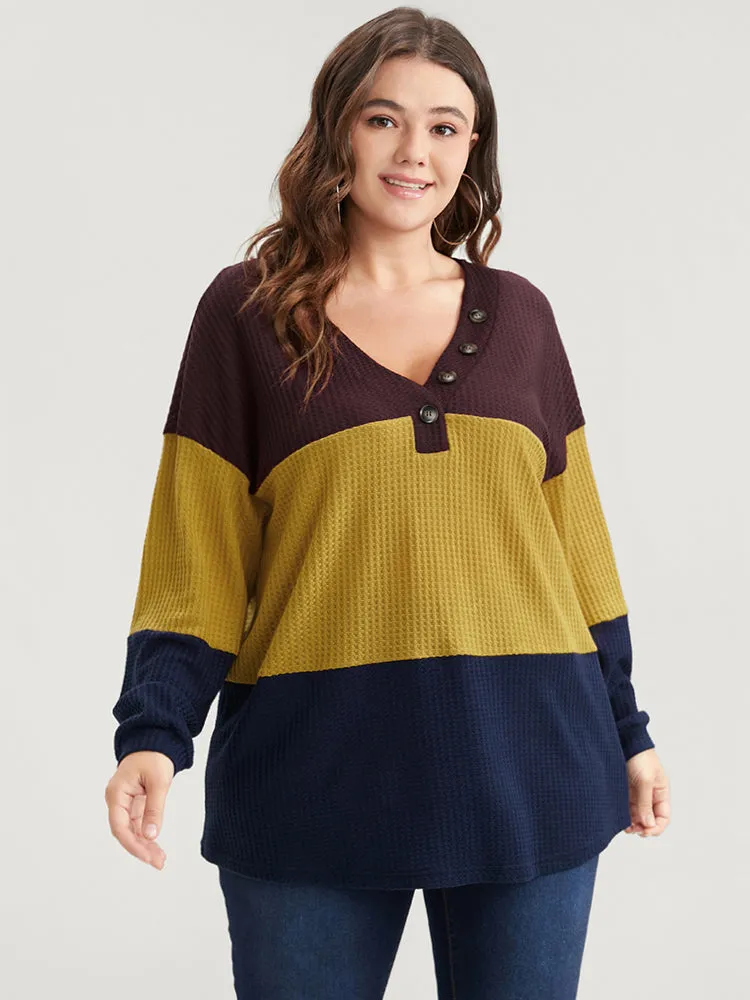 Colorblock Contrast Button Detail Waffle Knit Sweatshirt sold by Bloomchic product image thumbnail 3
