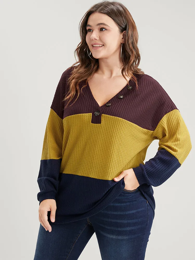 Colorblock Contrast Button Detail Waffle Knit Sweatshirt sold by Bloomchic product image thumbnail 4