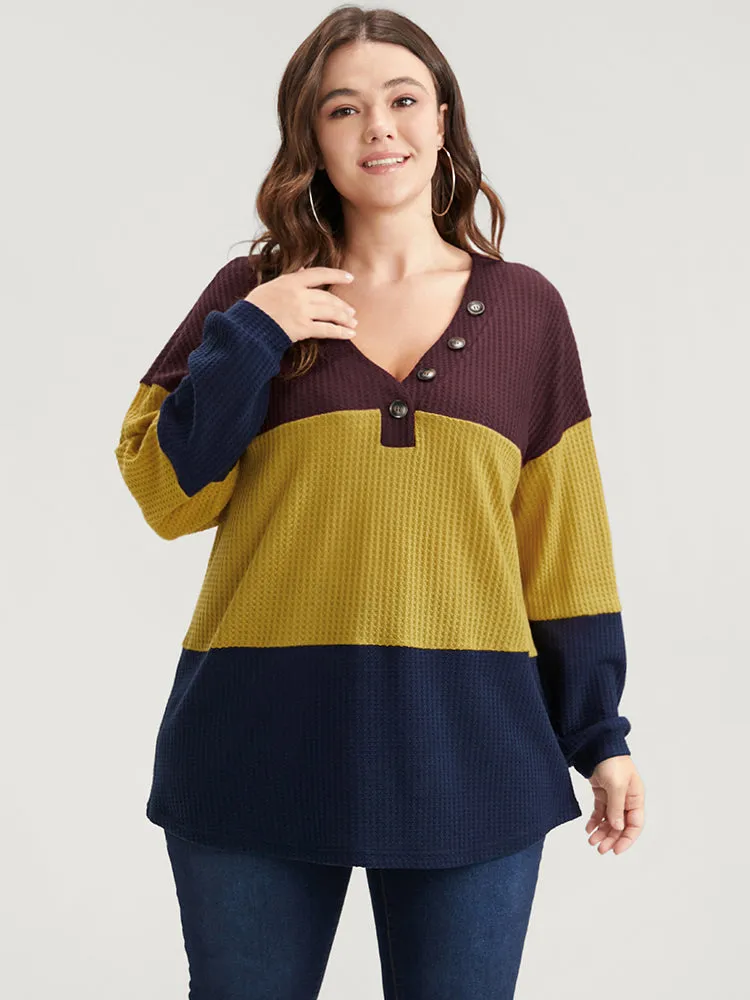 Colorblock Contrast Button Detail Waffle Knit Sweatshirt sold by Bloomchic