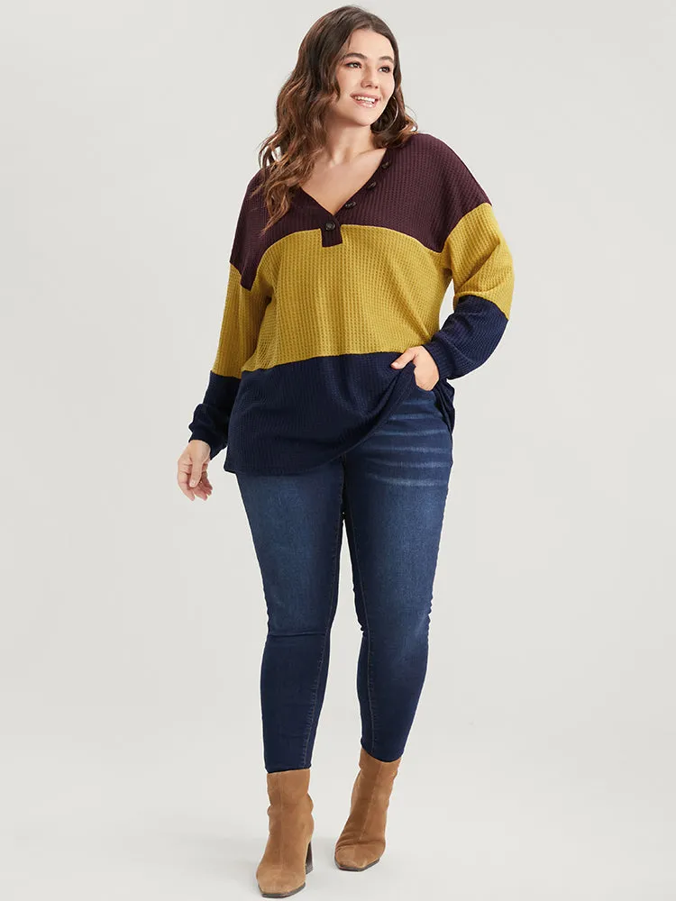 Colorblock Contrast Button Detail Waffle Knit Sweatshirt sold by Bloomchic product image thumbnail 2