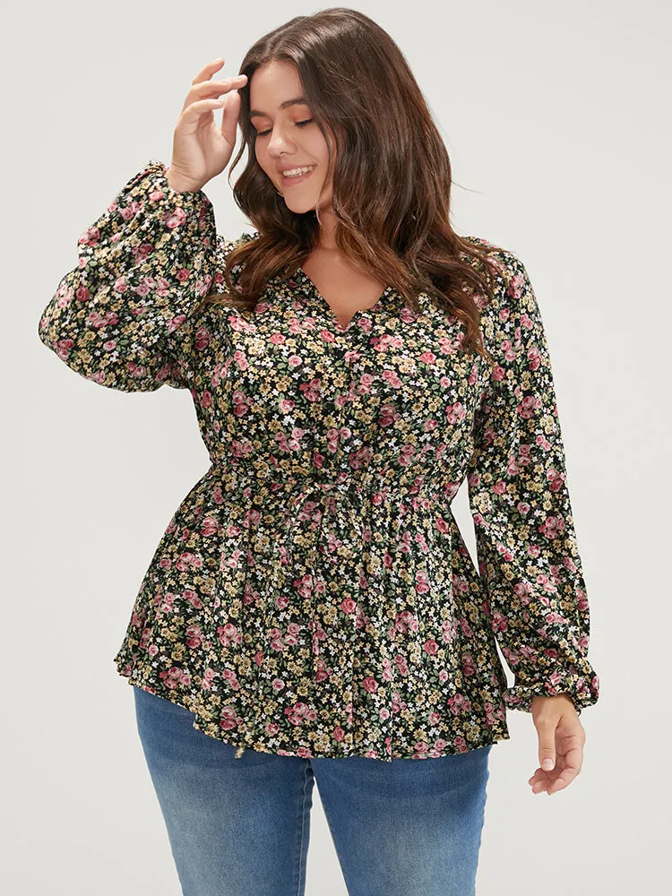 Ditsy Floral Ties Lantern Sleeve Blouse sold by Bloomchic