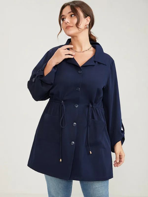 Solid Pocket Button Up Cuffed Sleeve Drawstring Coat sold by Bloomchic