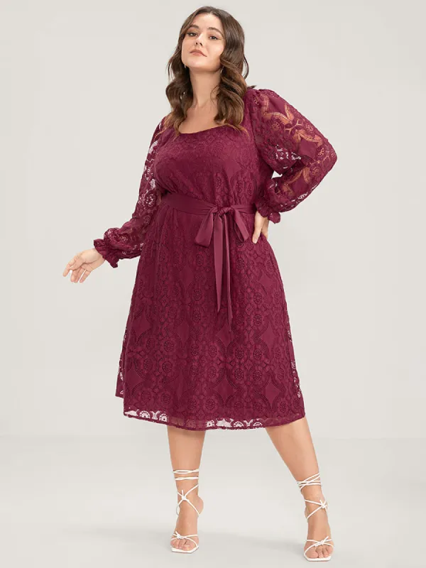 Solid Square Neck Lantern Sleeve Belted Lace Dress sold by Bloomchic