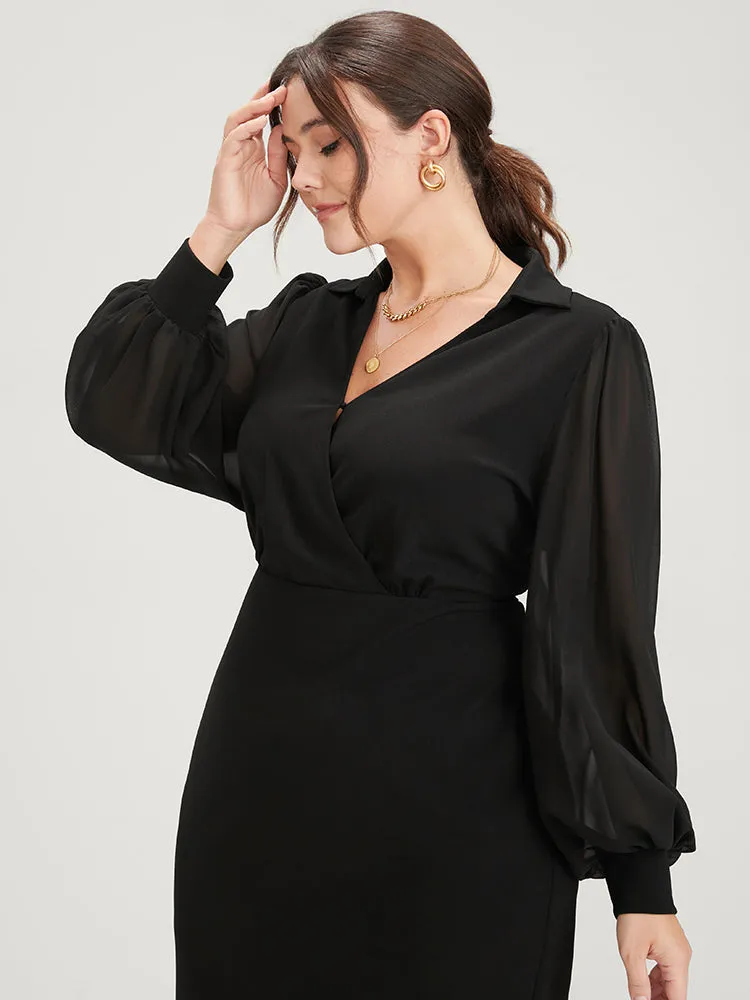 Solid Mesh Lantern Sleeve Button Wrap Knee Dress sold by Bloomchic product image thumbnail 5