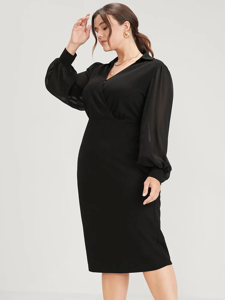 Solid Mesh Lantern Sleeve Button Wrap Knee Dress sold by Bloomchic product image thumbnail 3