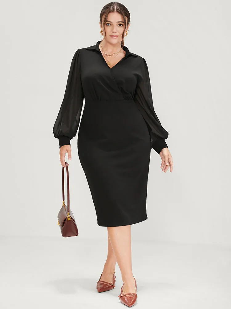 Solid Mesh Lantern Sleeve Button Wrap Knee Dress sold by Bloomchic product image thumbnail 2