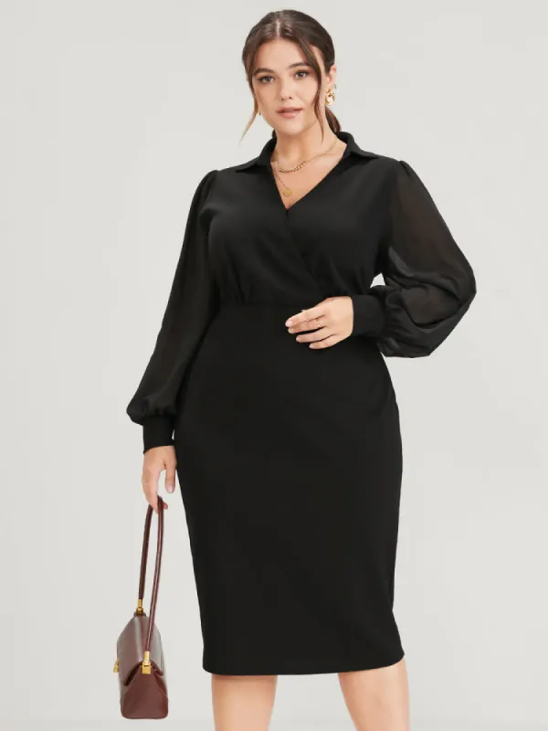Solid Mesh Lantern Sleeve Button Wrap Knee Dress sold by Bloomchic