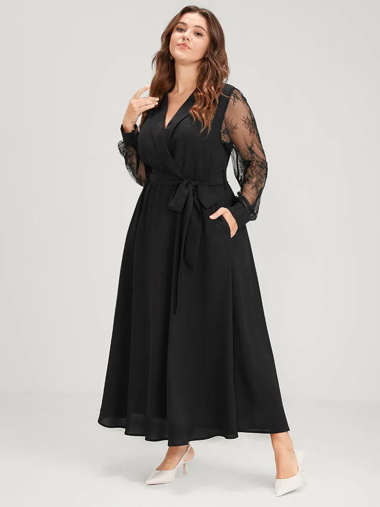 Solid Lace Lantern Sleeve Button Lapel Collar Belted Maxi Dress sold by Bloomchic product image thumbnail 3