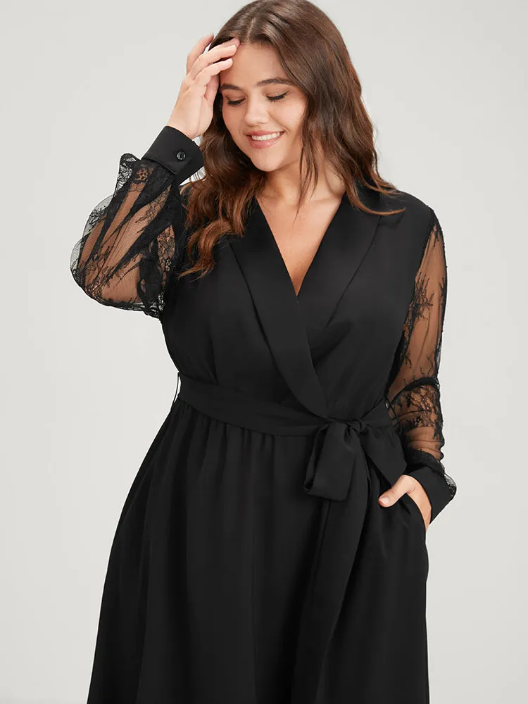 Solid Lace Lantern Sleeve Button Lapel Collar Belted Maxi Dress sold by Bloomchic product image thumbnail 5