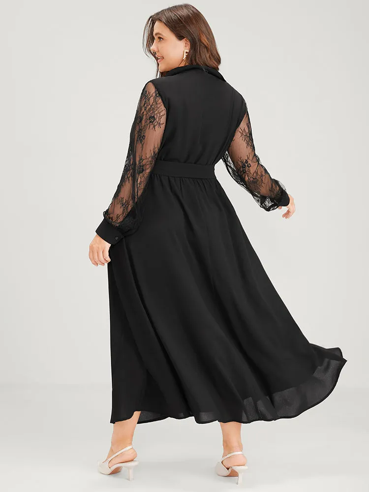Solid Lace Lantern Sleeve Button Lapel Collar Belted Maxi Dress sold by Bloomchic product image thumbnail 2
