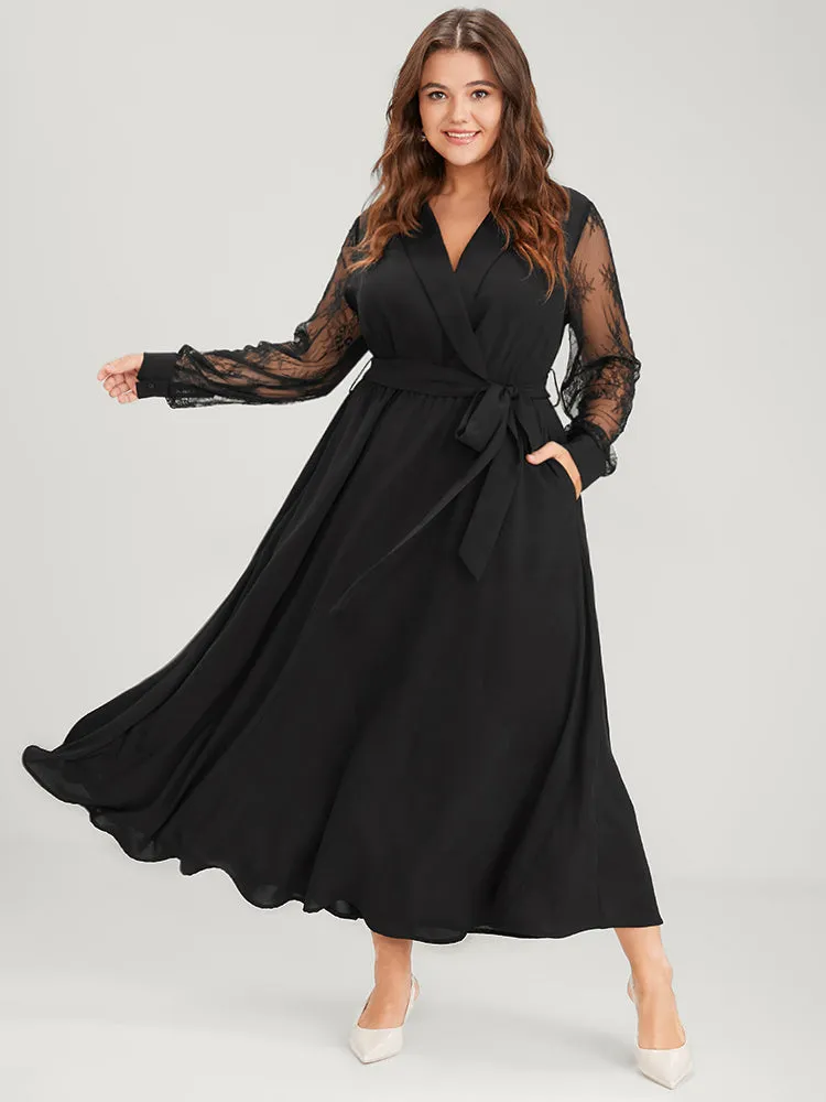 Solid Lace Lantern Sleeve Button Lapel Collar Belted Maxi Dress sold by Bloomchic