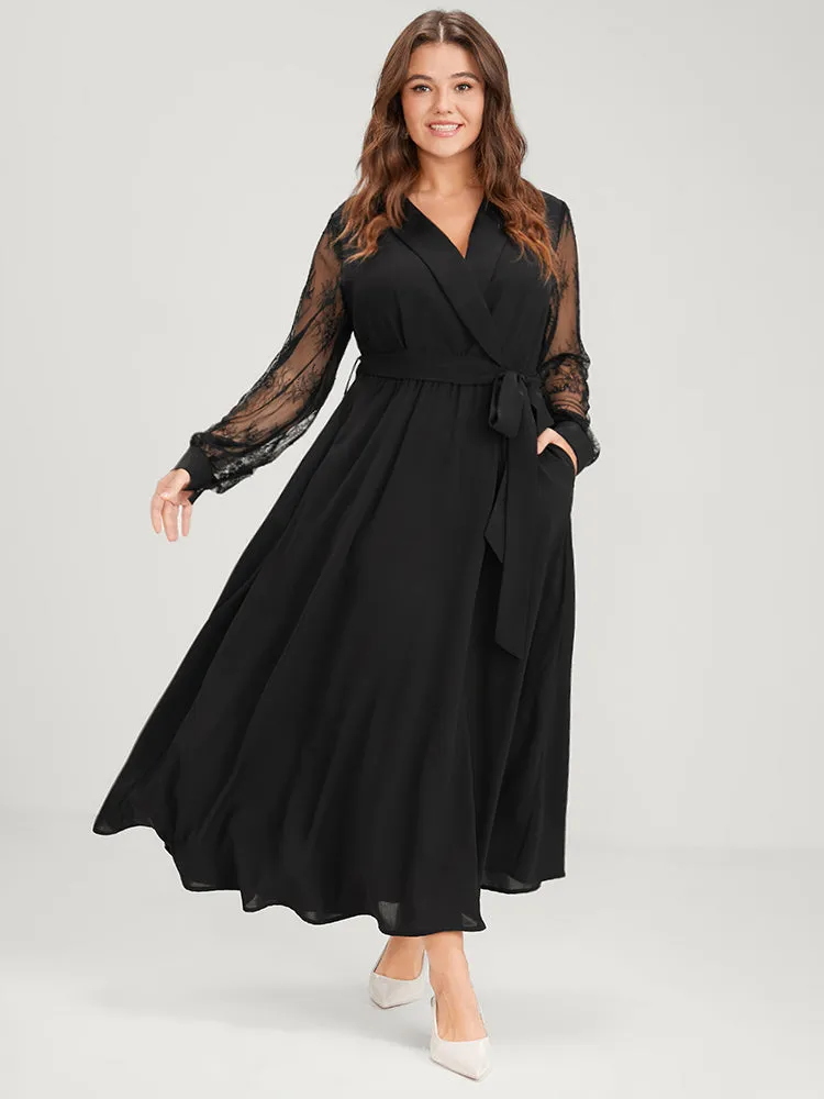 Solid Lace Lantern Sleeve Button Lapel Collar Belted Maxi Dress sold by Bloomchic product image thumbnail 4