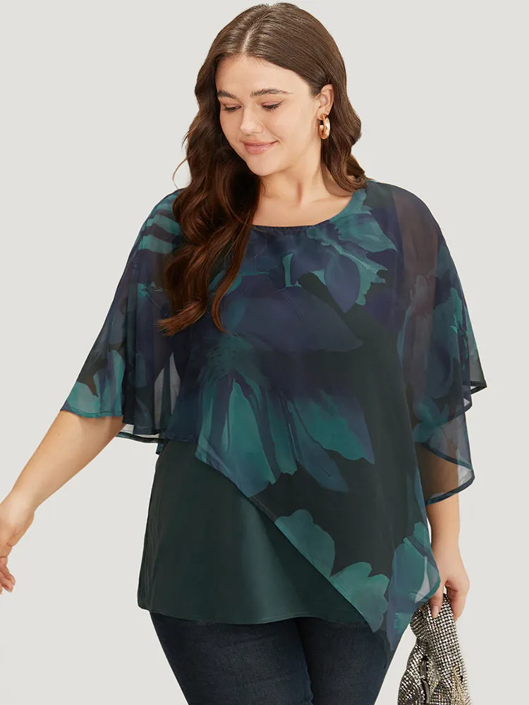 Floral Mesh Asymmetrical Dolman Sleeve Blouse sold by Bloomchic