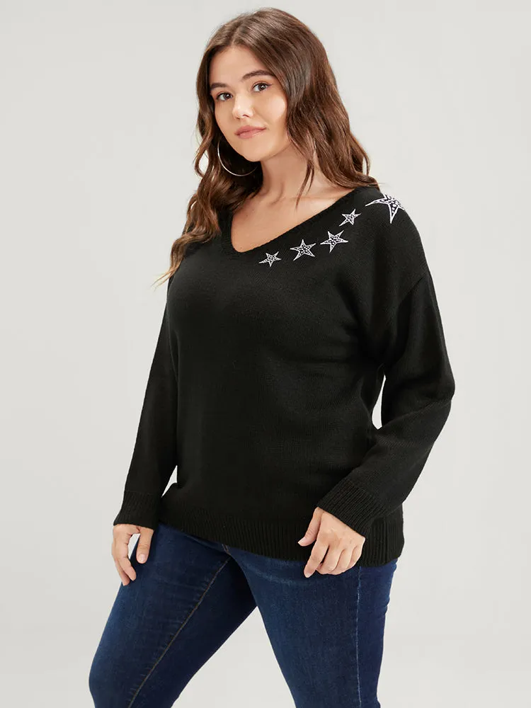 Star Embroidered Pointelle Knit V Neck Knit Top sold by Bloomchic product image thumbnail 3