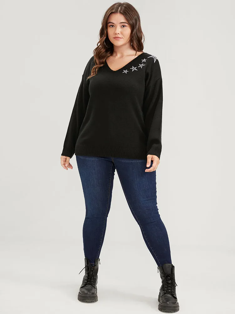 Star Embroidered Pointelle Knit V Neck Knit Top sold by Bloomchic product image thumbnail 4