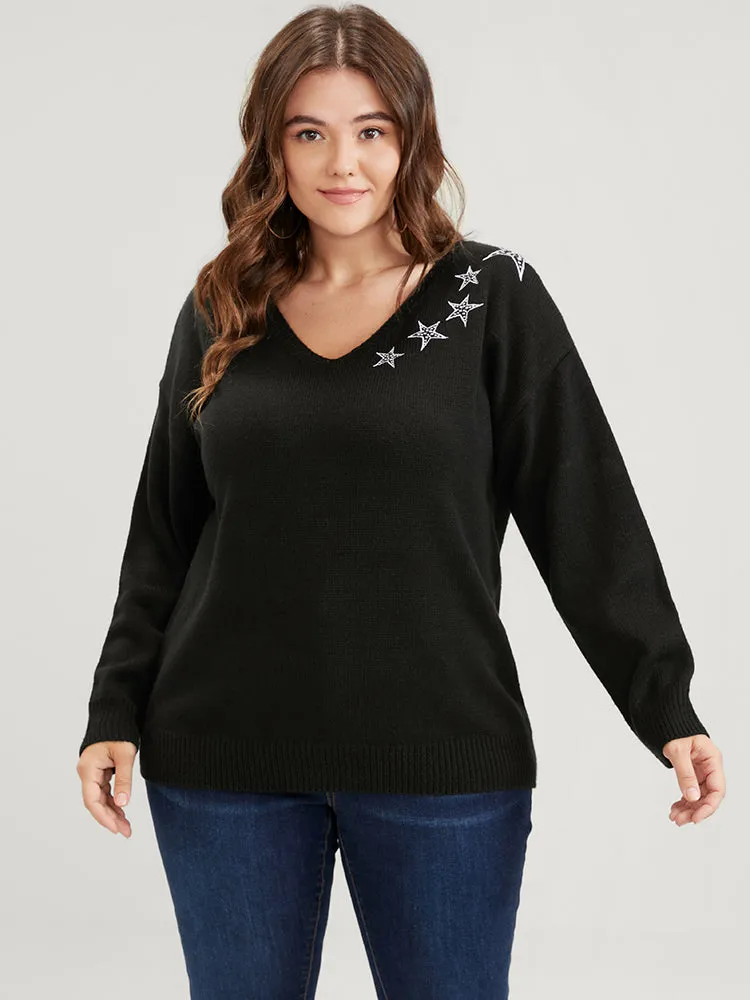 Star Embroidered Pointelle Knit V Neck Knit Top sold by Bloomchic