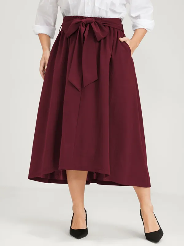 Plain Pocket Belted Asymmetrical Hem Skirt made by Bloomchic