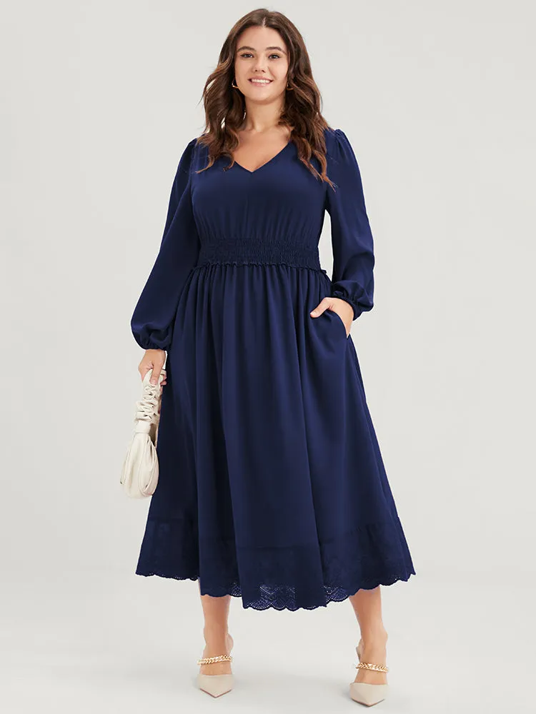 Solid Pocket Lantern Sleeve Patchwork Ruffled Shirred Dress sold by Bloomchic product image thumbnail 5