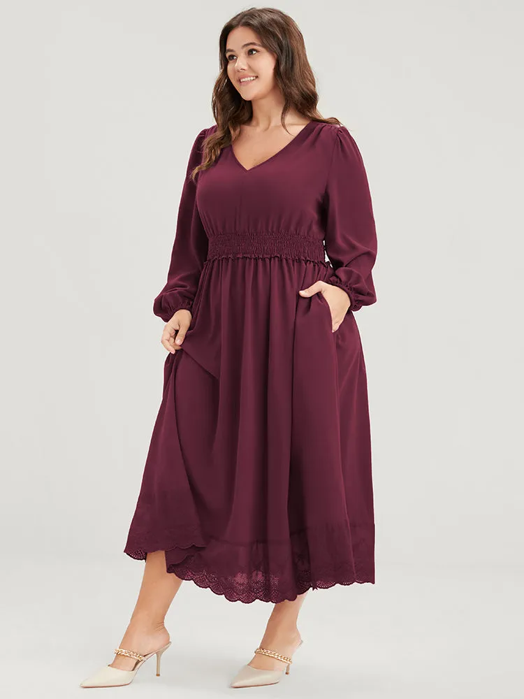 Solid Pocket Lantern Sleeve Patchwork Ruffled Shirred Dress sold by Bloomchic product image thumbnail 3