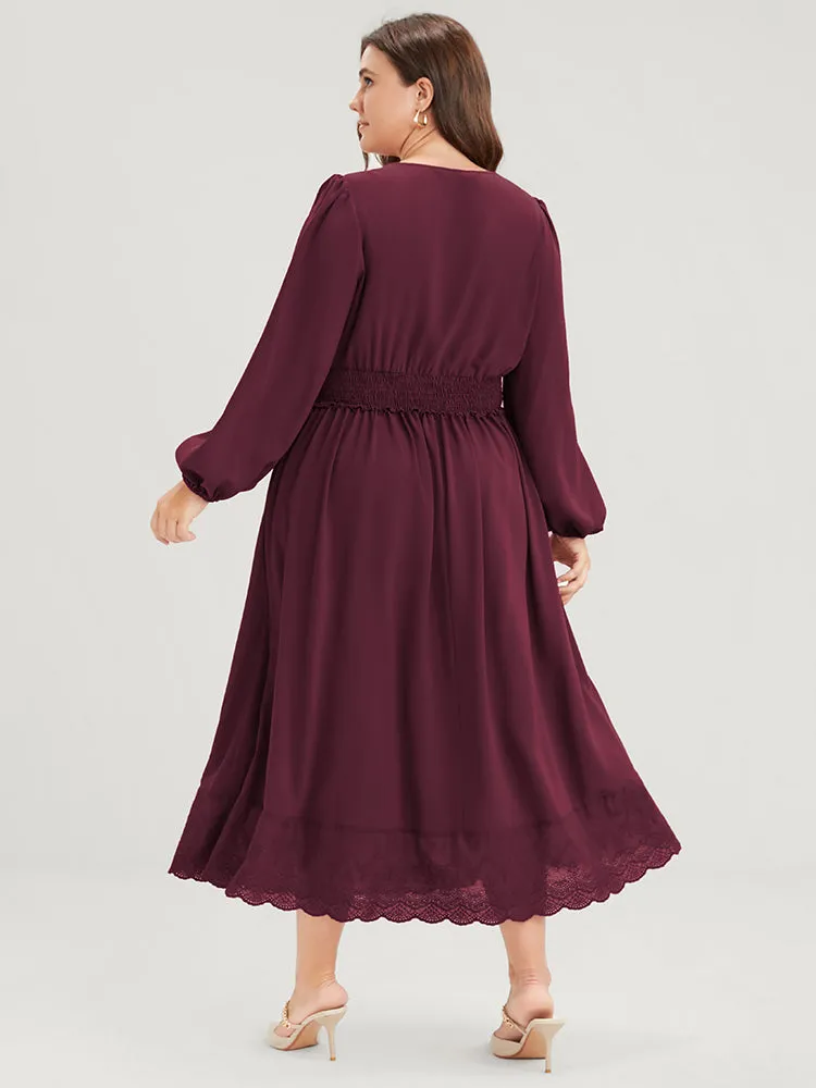 Solid Pocket Lantern Sleeve Patchwork Ruffled Shirred Dress sold by Bloomchic product image thumbnail 2