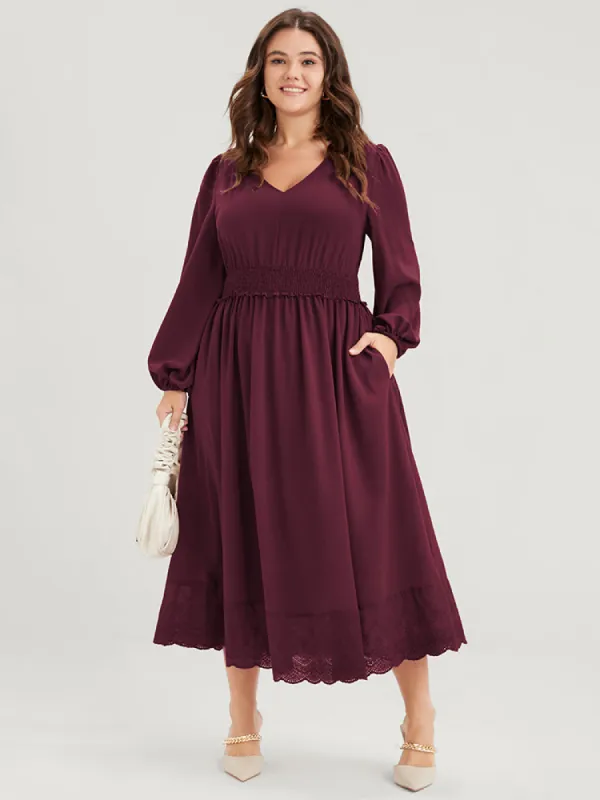 Solid Pocket Lantern Sleeve Patchwork Ruffled Shirred Dress sold by Bloomchic