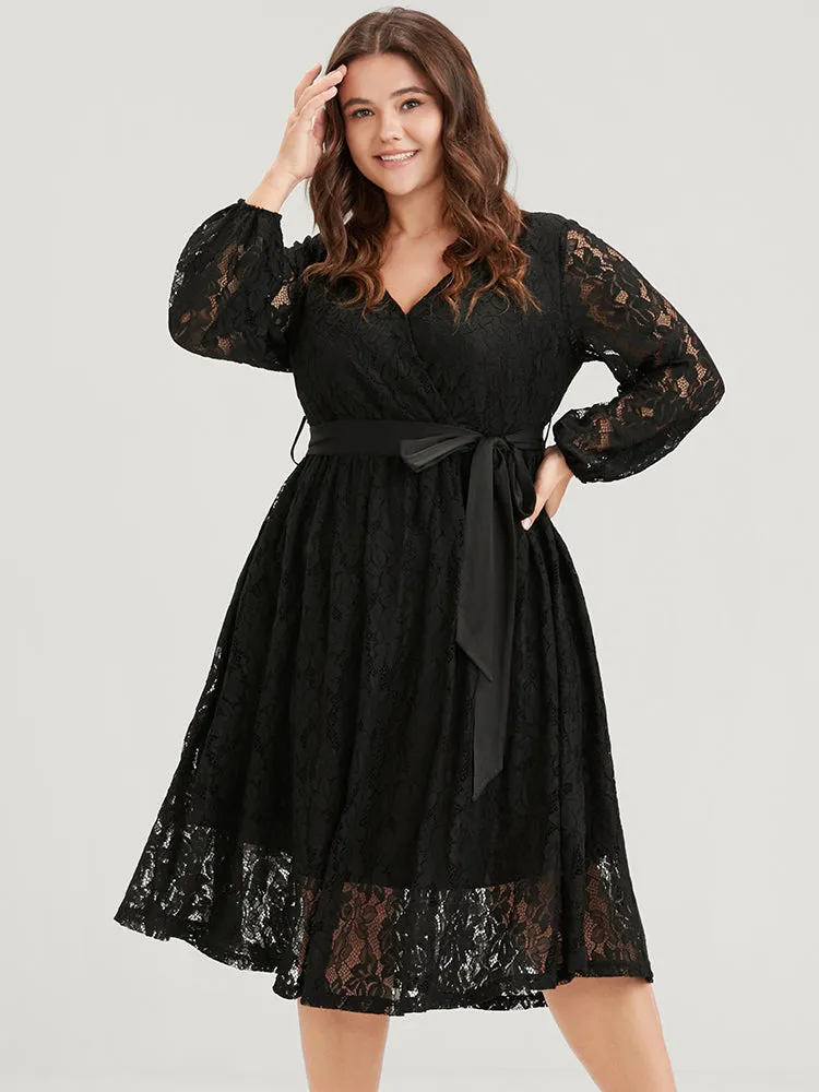 Solid Button Lantern Sleeve Lace Tie Wrap Dress sold by Bloomchic product image thumbnail 4