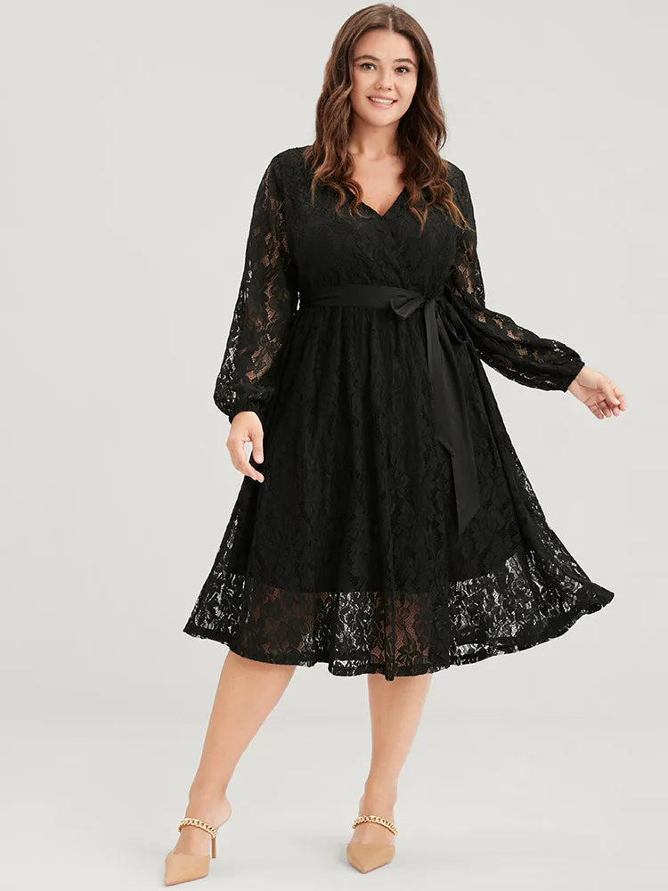 Solid Button Lantern Sleeve Lace Tie Wrap Dress sold by Bloomchic product image thumbnail 2