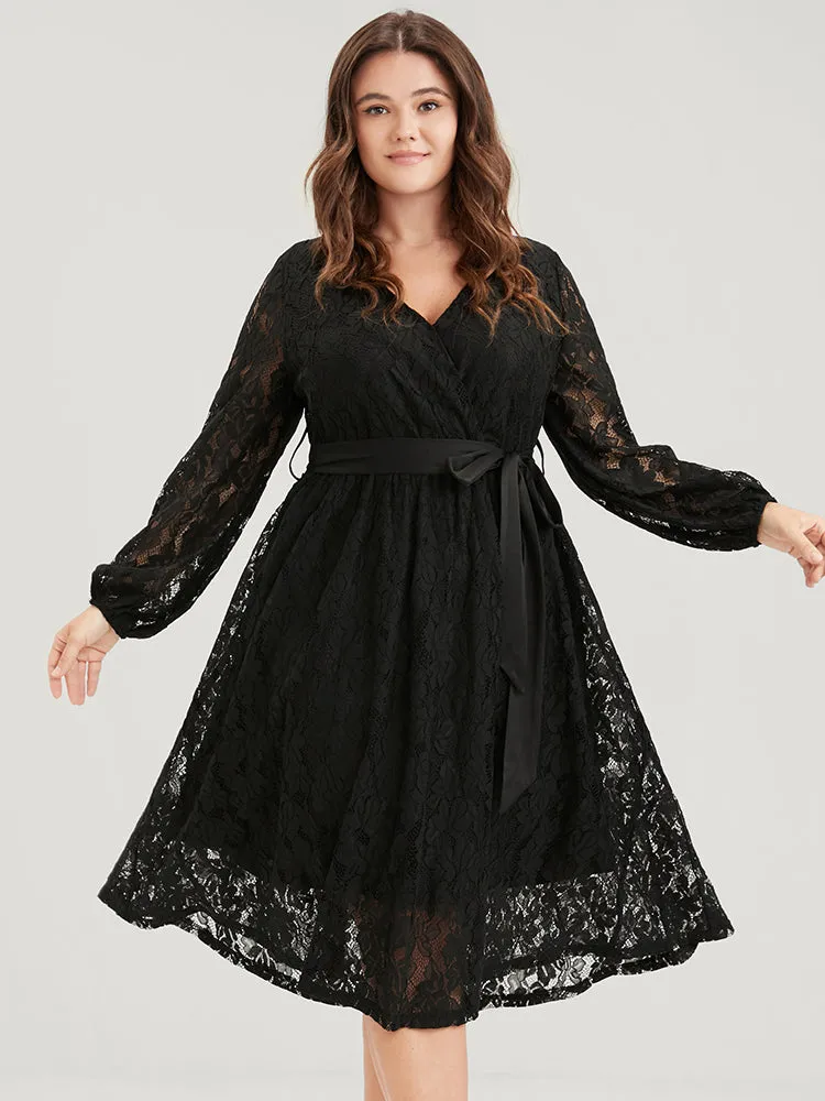 Solid Button Lantern Sleeve Lace Tie Wrap Dress sold by Bloomchic product image thumbnail 5