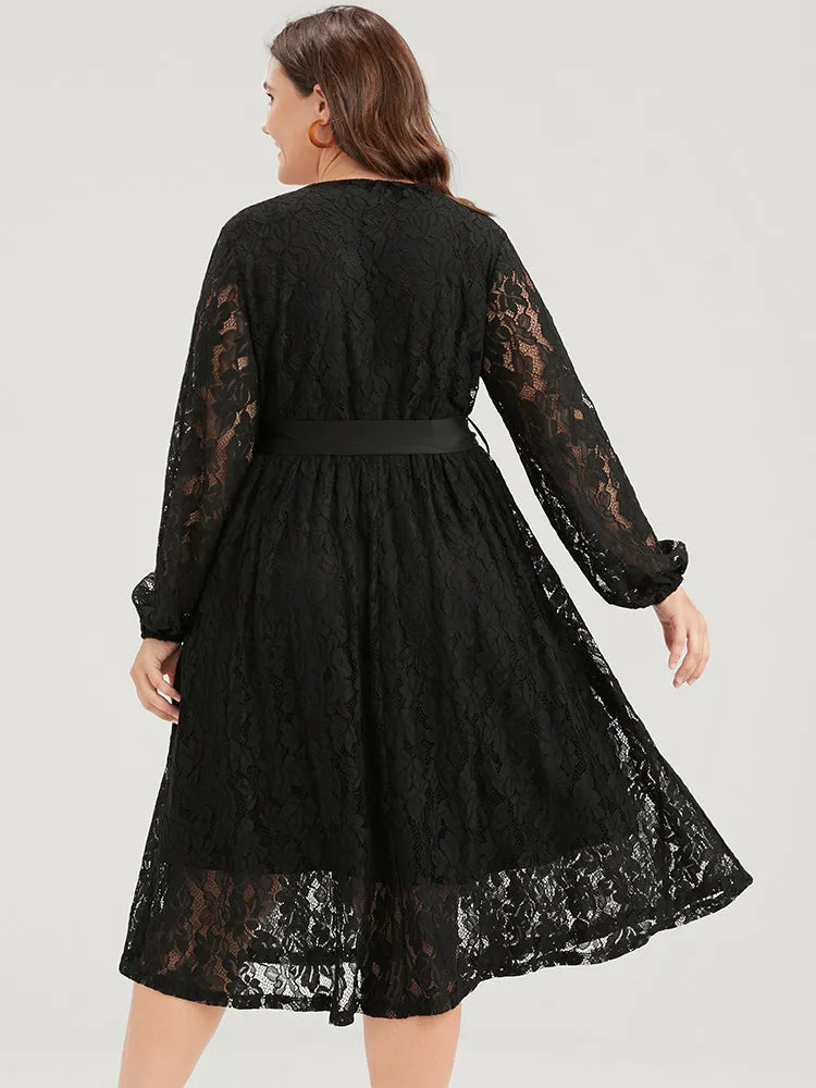 Solid Button Lantern Sleeve Lace Tie Wrap Dress sold by Bloomchic product image thumbnail 3