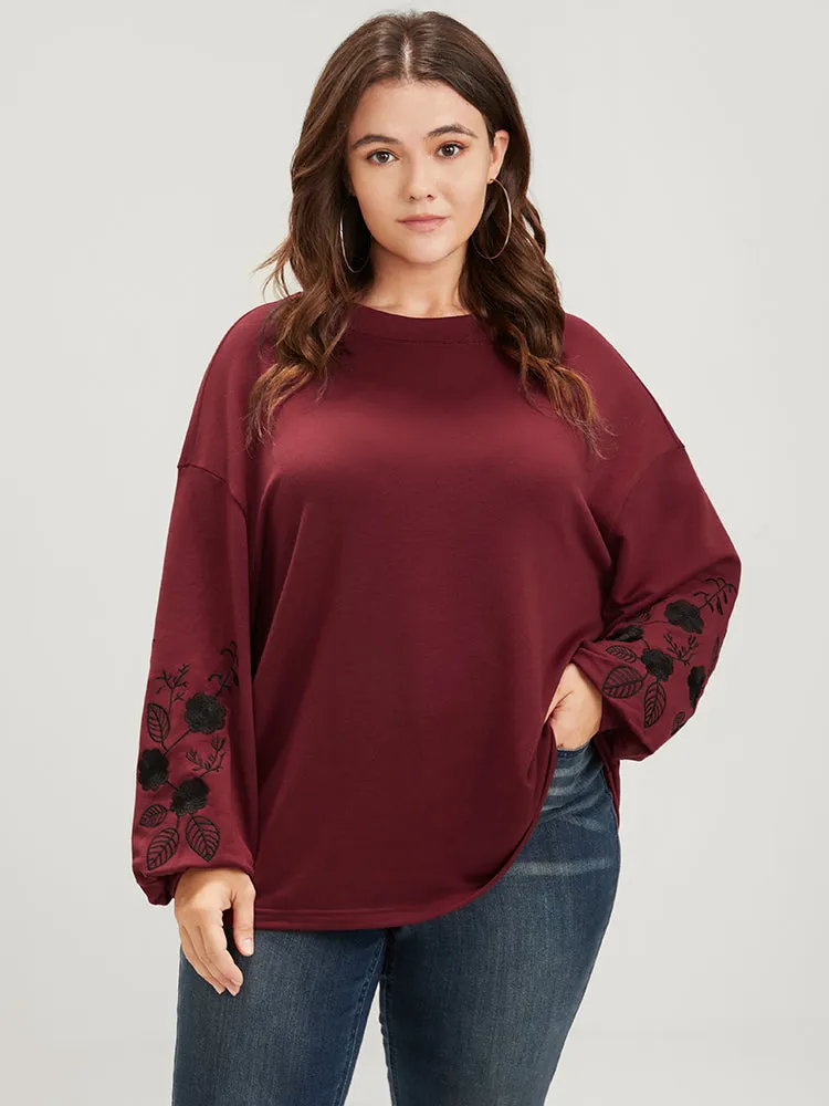 Plain Embroidered Lantern Sleeve Drop Shoulder Sweatshirt sold by Bloomchic