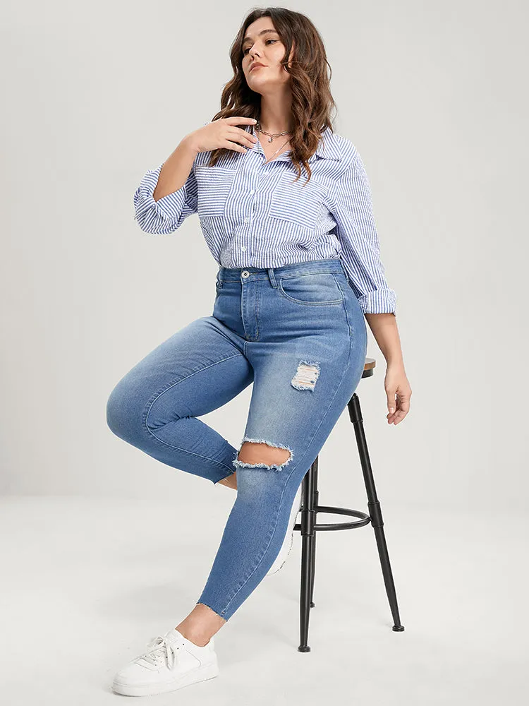 Skinny Very Stretchy High Rise Medium Wash Distressed Jeans sold by Bloomchic product image thumbnail 3