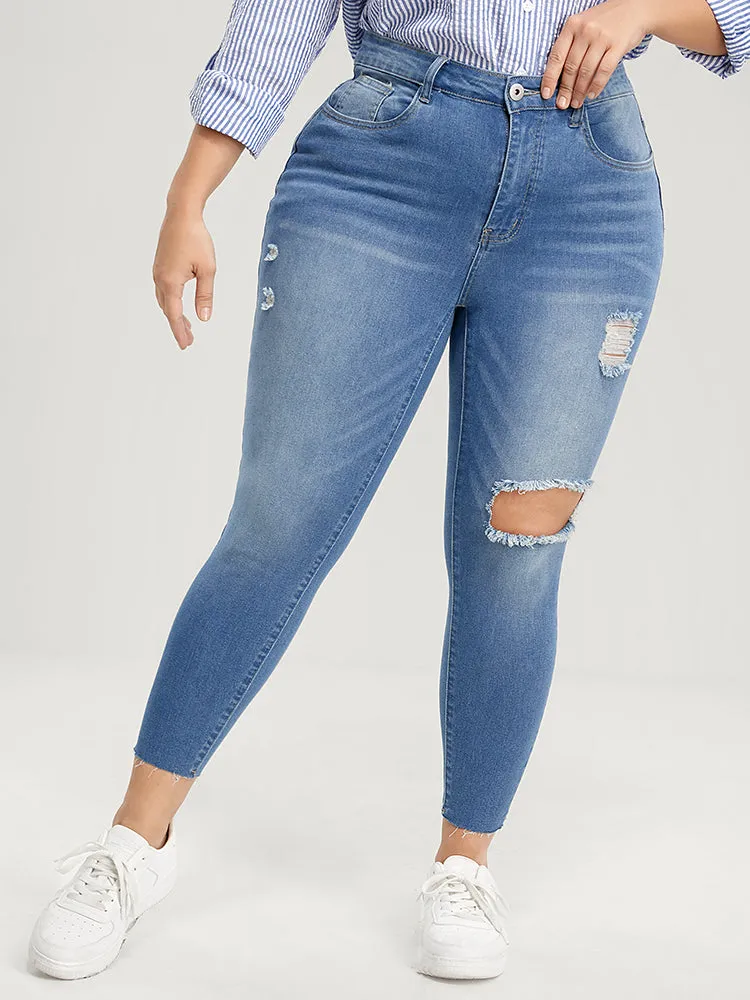 Skinny Very Stretchy High Rise Medium Wash Distressed Jeans sold by Bloomchic product image thumbnail 2