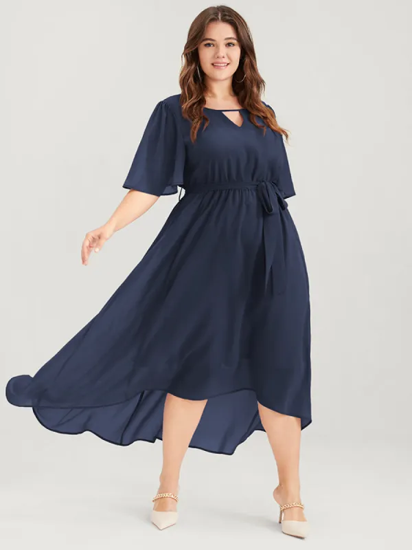 Solid Keyhole Neck Ruffle Asymmetrical Hem Belted Maxi Dress sold by Bloomchic