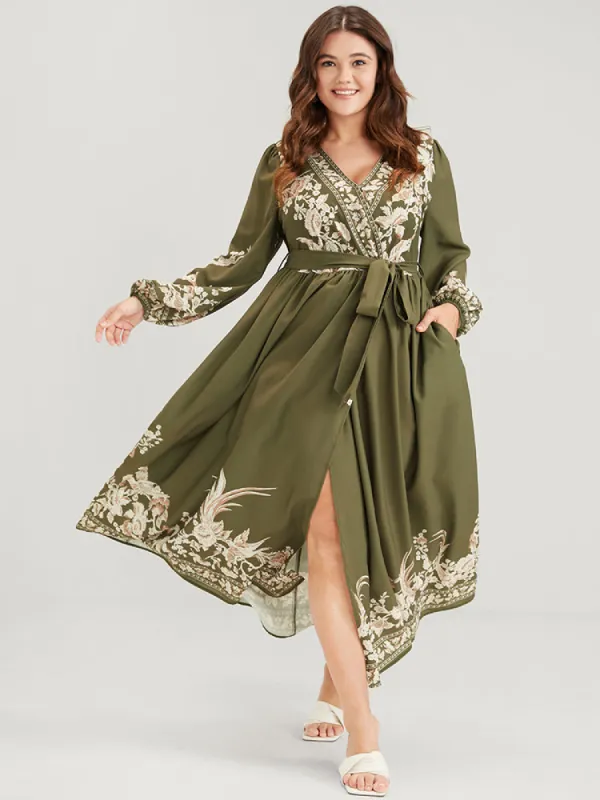 Floral Button Split Lantern Sleeve Belted Pocket Wrap Dress sold by Bloomchic